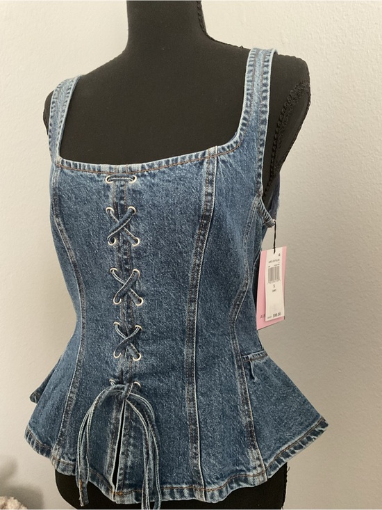 Avec Les Filles Tops - Avec Les Filles Denim Lace-Up Peplum Top - Denim Blue